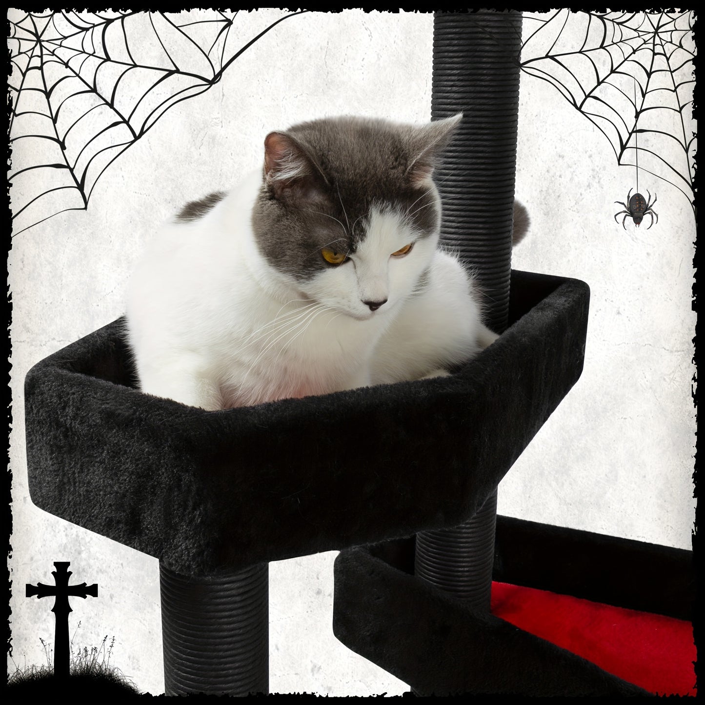 Gothic Cat Tree With Coffin Bed, 46.9" Black Cat Tower For Indoor Cats With Scratching Posts, Halloween Cat Tree Tower For Large Cats, Black & Red