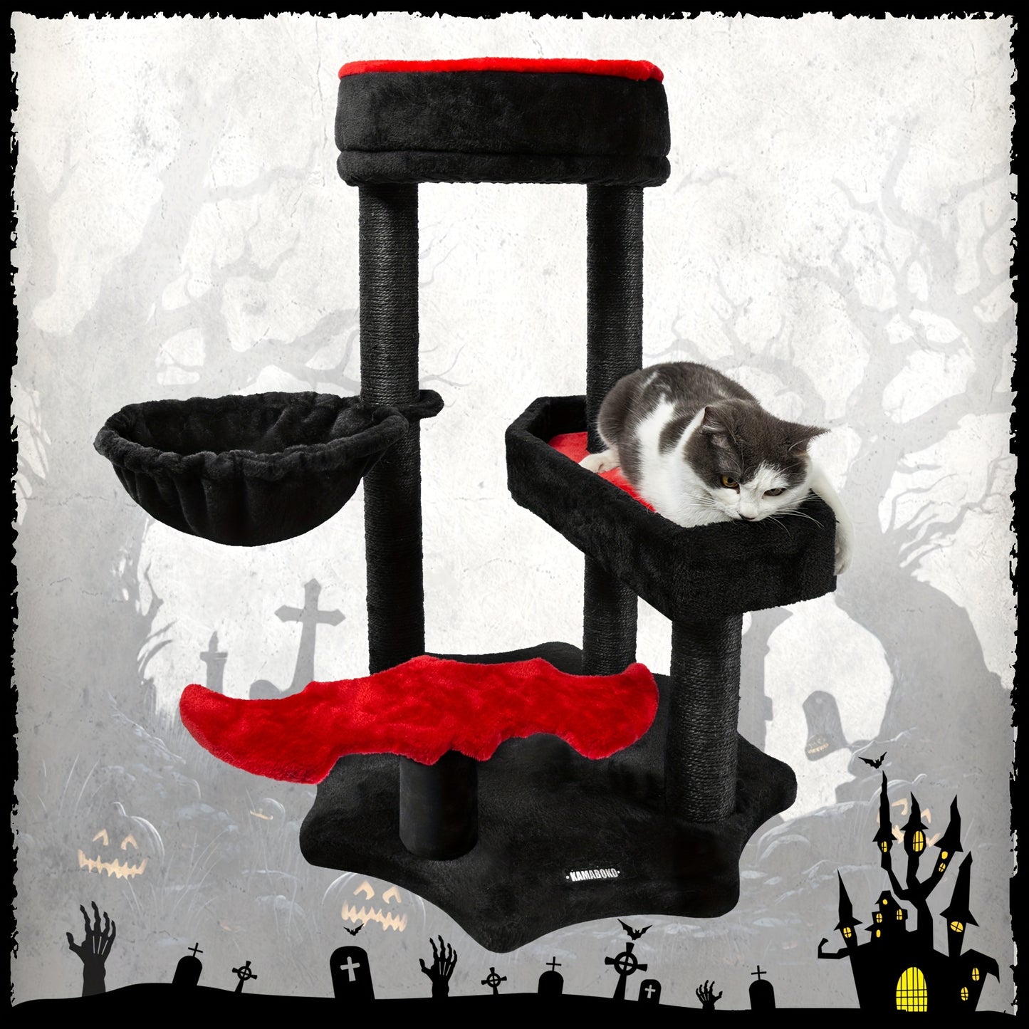 Gothic Cat Tree with Coffin Bed, 34.2" Black Cat Tower for Indoor Cats with with Sisal Scratching Posts, Bat-shaped Auxiliary Treads, Hammock, Halloween Cat Furniture for Large Cats