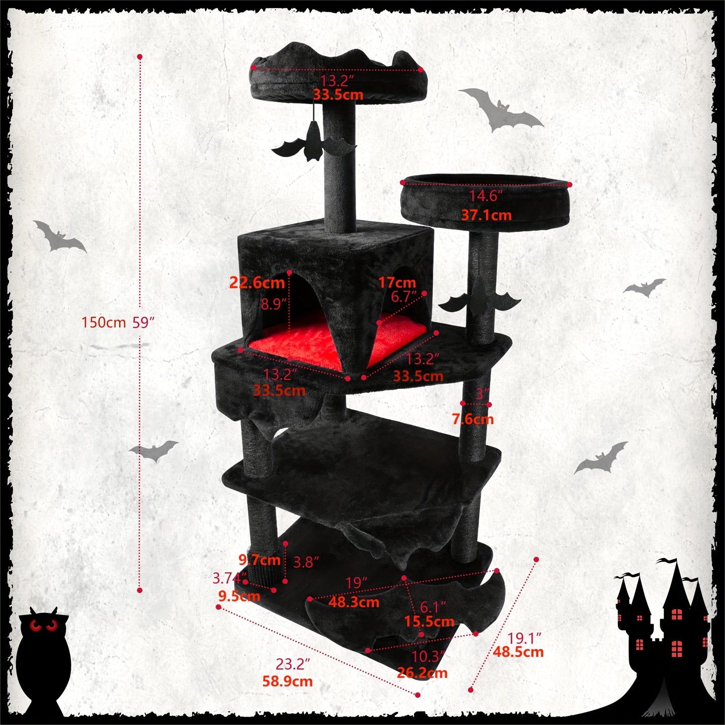 Gothic Cat Tree, 59inch Black Cat Tower for Indoor Cats with Sisal Scratching Posts, Spacious Cat Condo, Self Groomer, Bat Hanging Ball, Halloween Cat Tree Tower for Large Cats, Black and Red