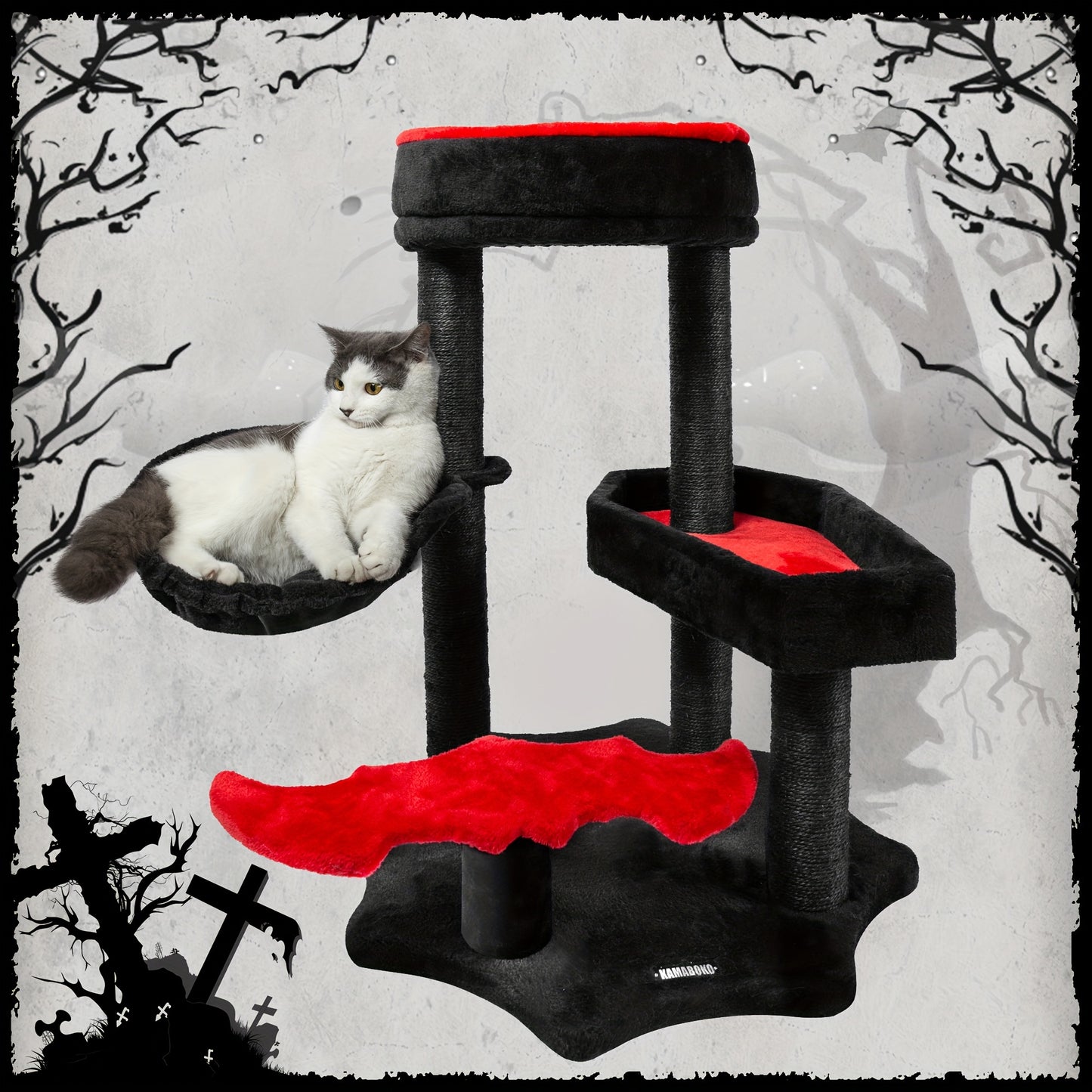 Gothic Cat Tree with Coffin Bed, 34.2" Black Cat Tower for Indoor Cats with with Sisal Scratching Posts, Bat-shaped Auxiliary Treads, Hammock, Halloween Cat Furniture for Large Cats